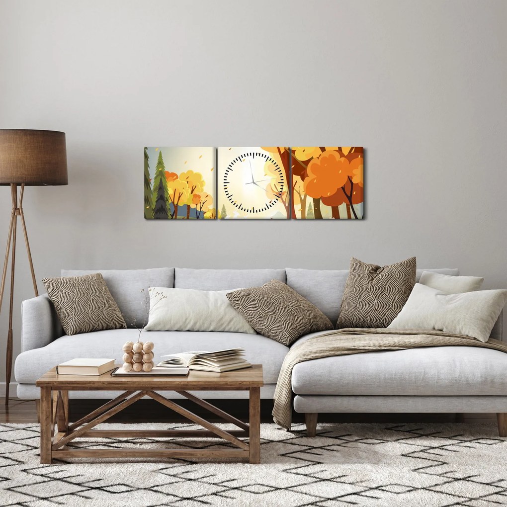 Obraz - Jesienny krajobraz, ilustracja (z zegarem) (90x30 cm)