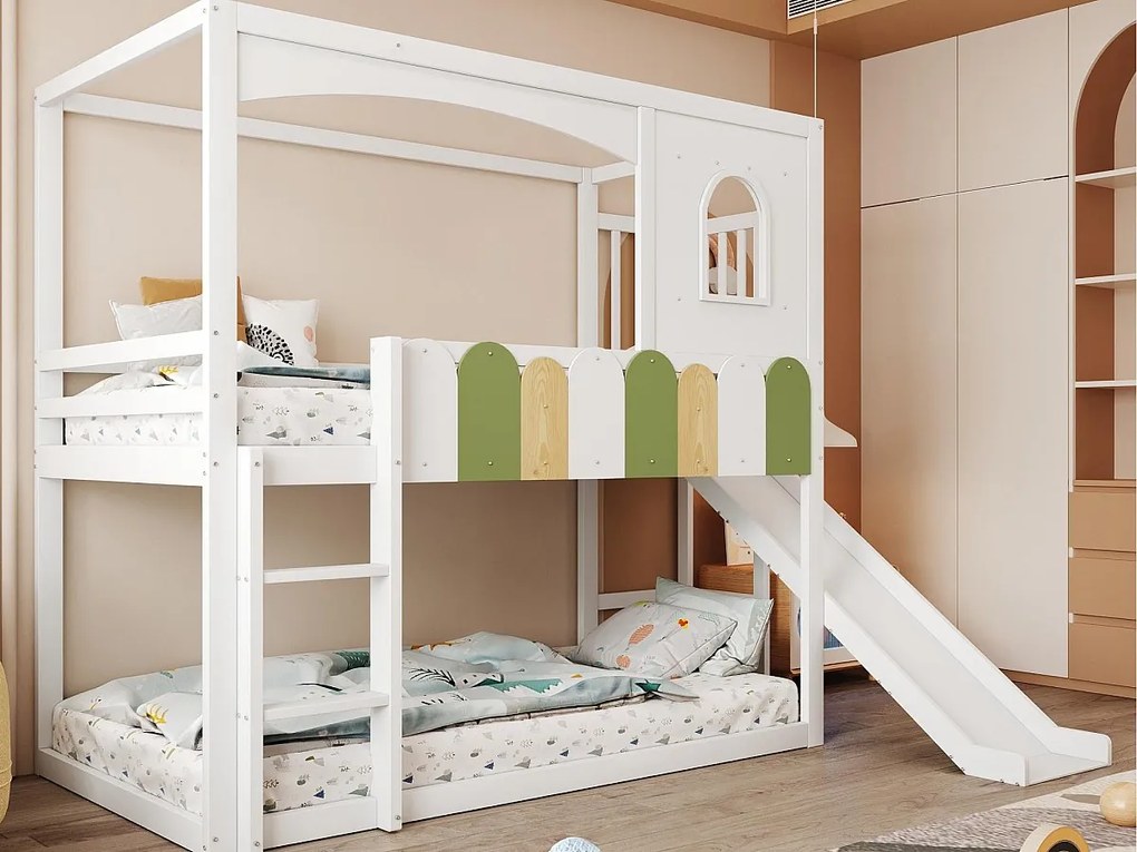 Łóżko piętrowe dziecięce 90x200 cm - z barierkami bezpieczeństwa - ze zjeżdżalnią + bezpieczną drabiną - biały (materac nie jest wliczony w cenę)