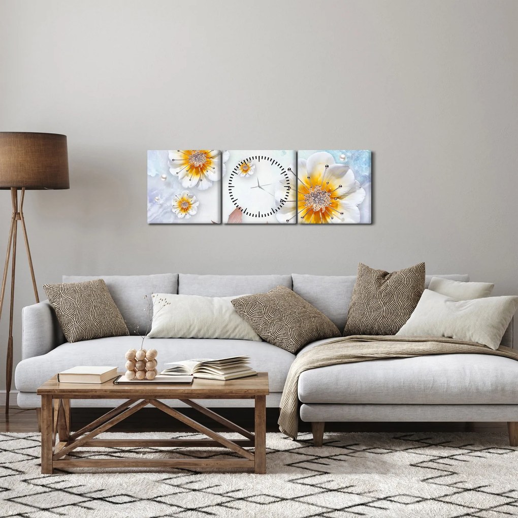 Obraz - Kompozycja z kwiatami i motylami (z zegarem) (90x30 cm)