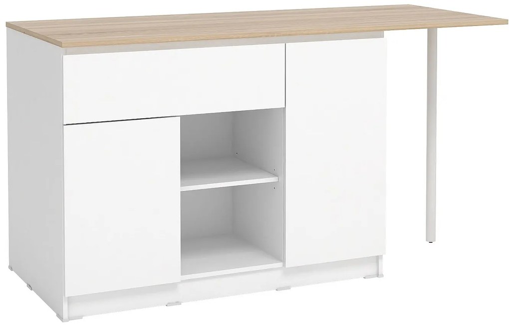 Wyspa kuchenna z 2 drzwiczkami, 1 szufladą i 2 wnękami - Biały i naturalny jasny brąz - TUNORI