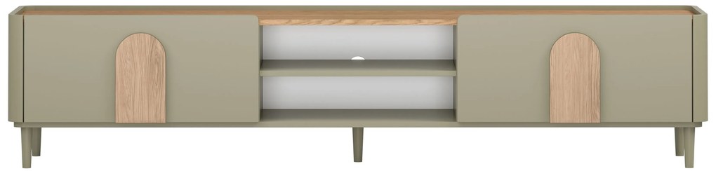 Szafka RTV Amilio 220 cm z szufladą na nóżkach - eukaliptus / dąb baltic dune / uchwyty dąb naturalny