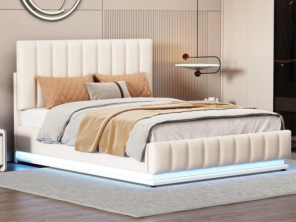 Łóżko z ekoskóry z LED + stelaż na listwy + regulowane wezgłowie - 140x200cm - Białe