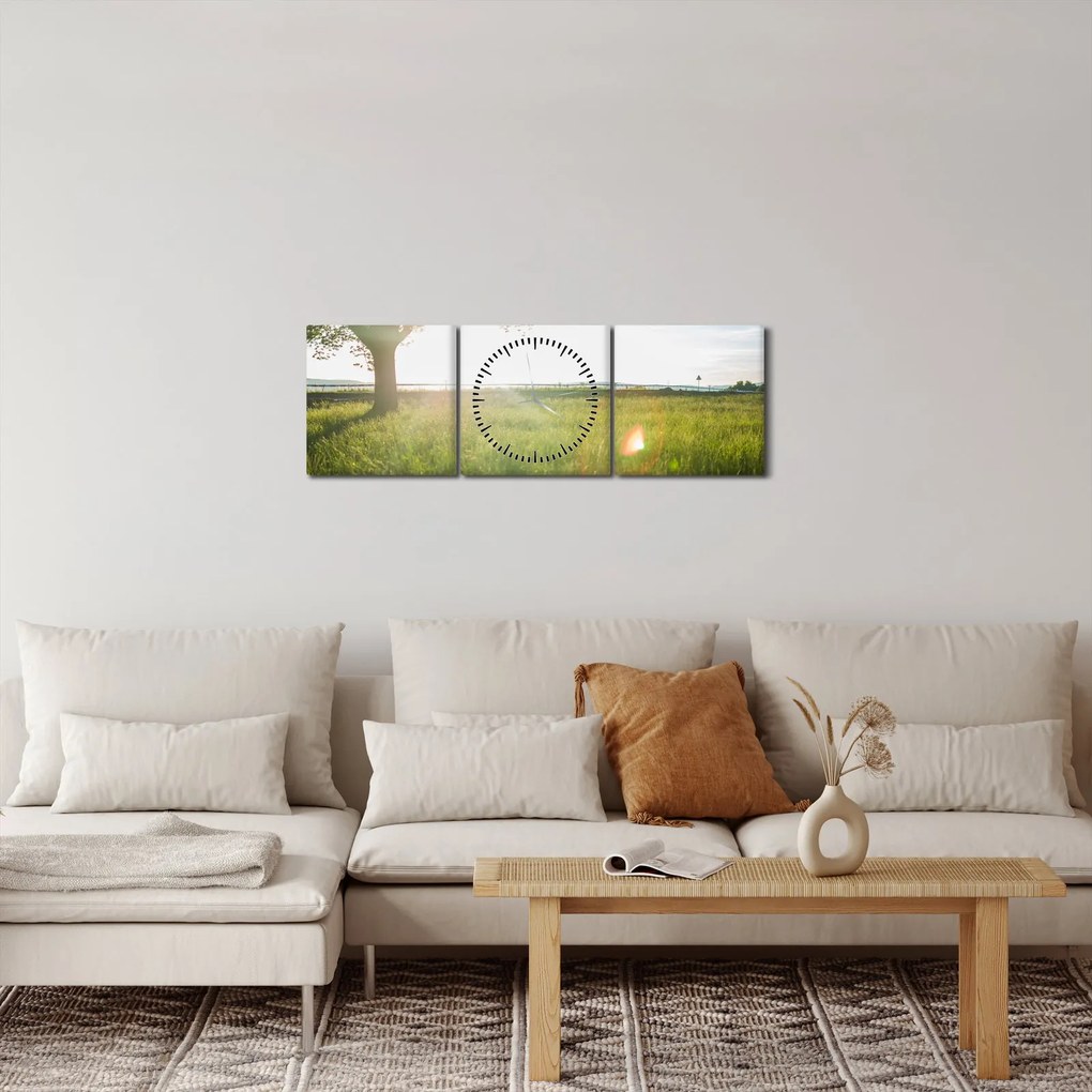 Obraz drzewa na polu (z zegarem) (90x30 cm)