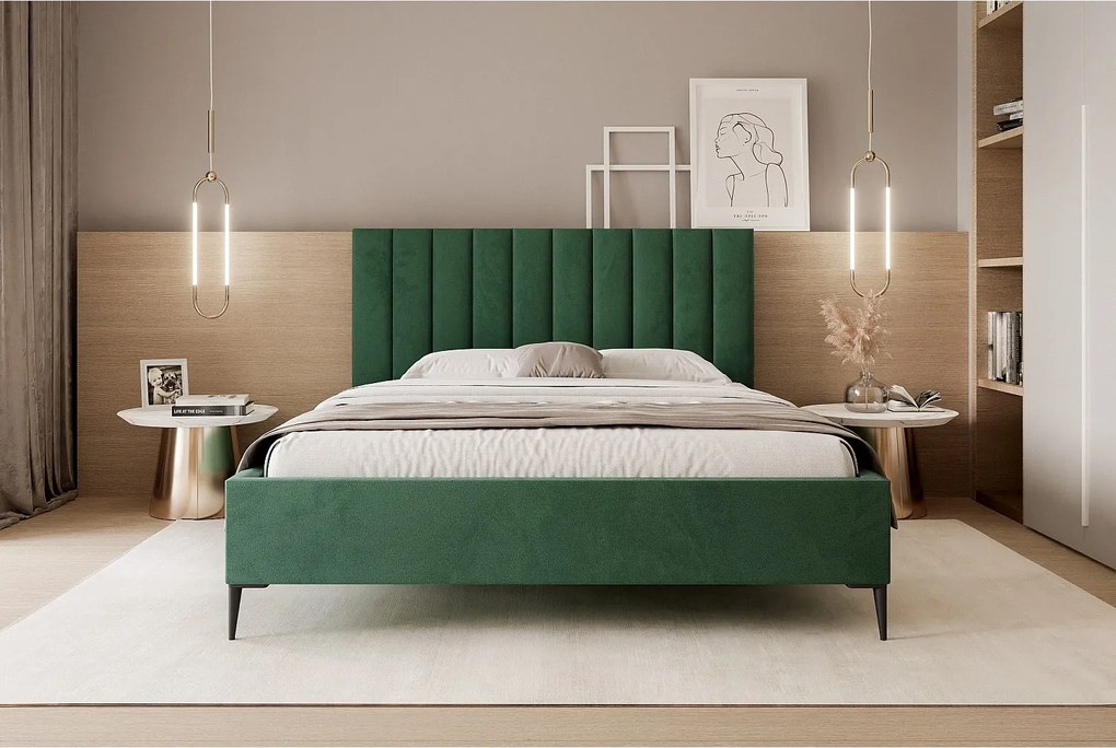 Mona SLIM III w tkaninie VELUTTO, Wygodne łóżko tapicerowane - Ergonomiczne podparcie pleców 200x200 cm, Zielony