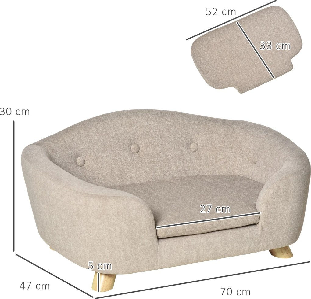 PawHut Sofa dla psa z poduszką, plusz, drewno sosnowe, beżowo-jasna szarość, 70x47x30cm | Aosom PL