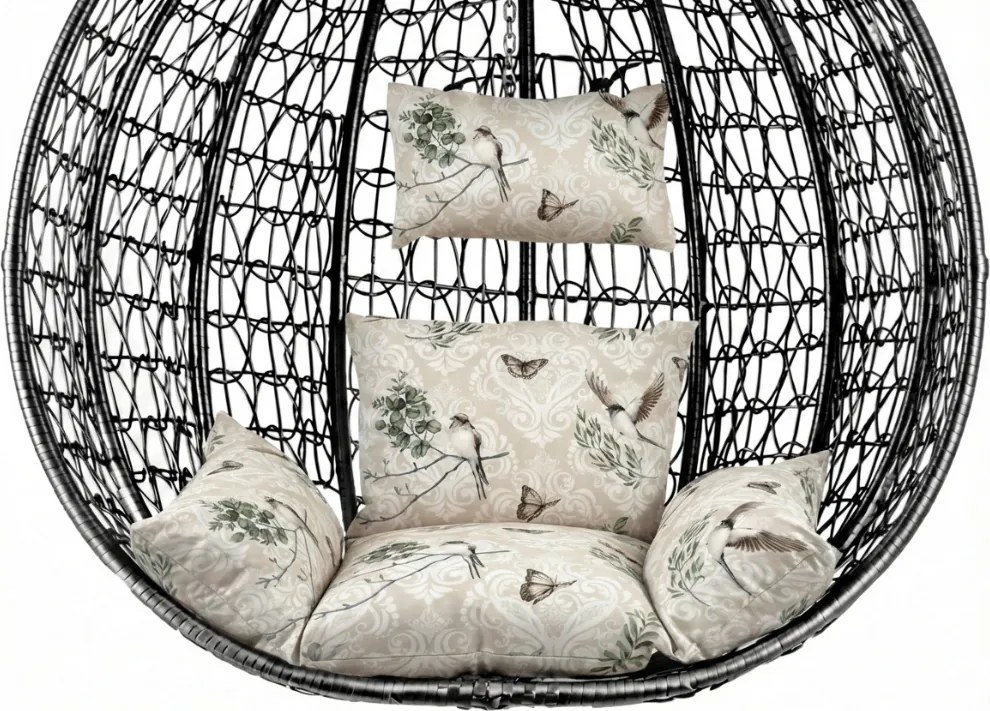 Czarne wiszące krzesło KOKON bez stojaka, beżowa poduszka