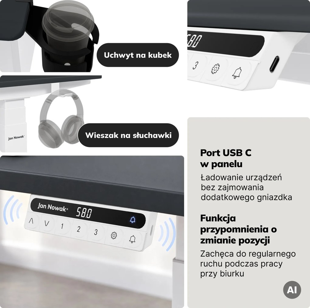 Biurko elektryczne z regulacją wysokości ergonomiczne biało-antracytowe,1600x800 mm: ARIA