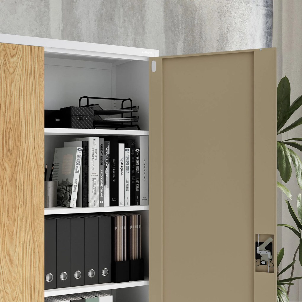 Szafa biurowa metalowa na akta, szeroka, biały/złoty dąb, 1150x1850x400 mm: JAN II Eco Design