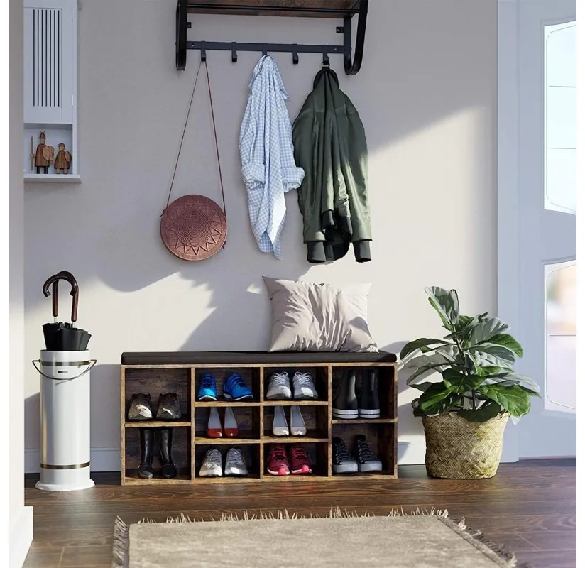 Szafka na buty z tapicerowaną ławką GABI, 10 przegródek, 104x30x48cm, czarna/ciemny brąz Vasagle