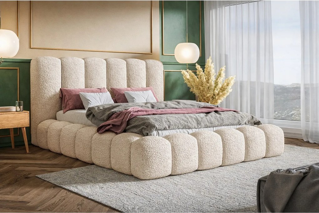 Łóżko tapicerowane 140x200 Madeno - gruba pianka, pojemnik, stelaż metalowy - tkanina boucle, beżowy (Catch Me 2)