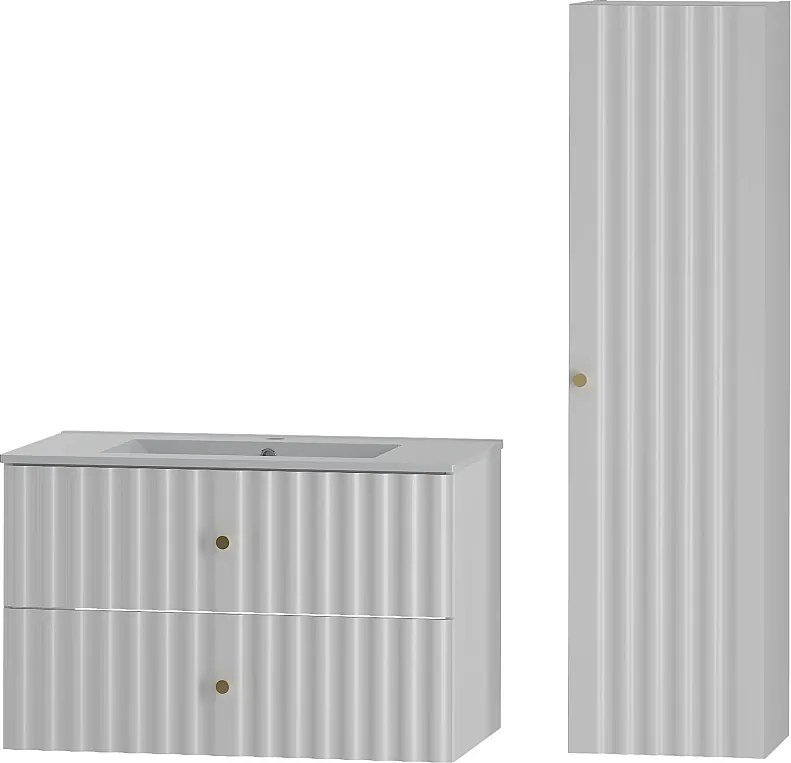 Biały Zestaw Łazienkowy 80cm Szafka z Umywalką Słupek Ryflowane Fronty Aqua