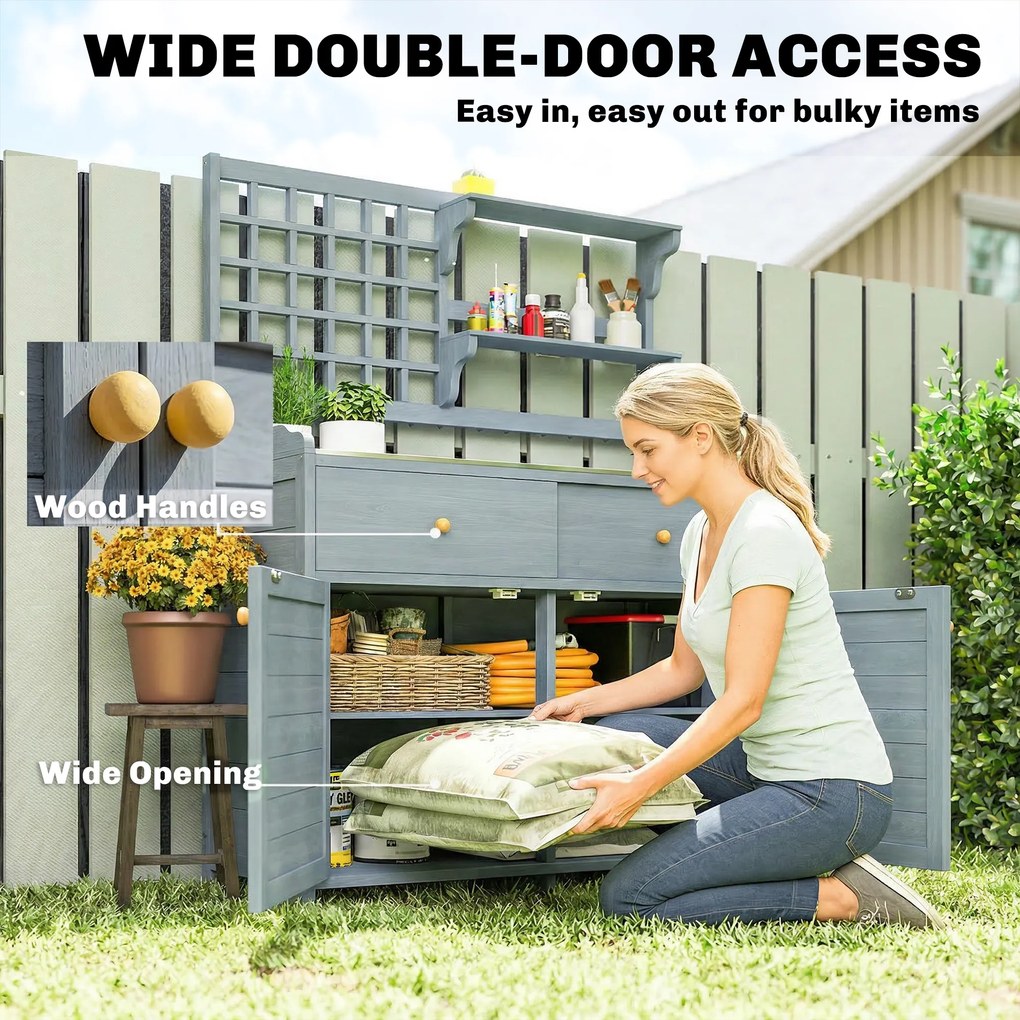 Outsunny Stół do sadzenia z szafką na zewnątrz, drewno, szafka ogrodowa z ocynkowaną powierzchnią roboczą, 2 szuflady, 104x44x140 cm jasnoszary | Aosom PL