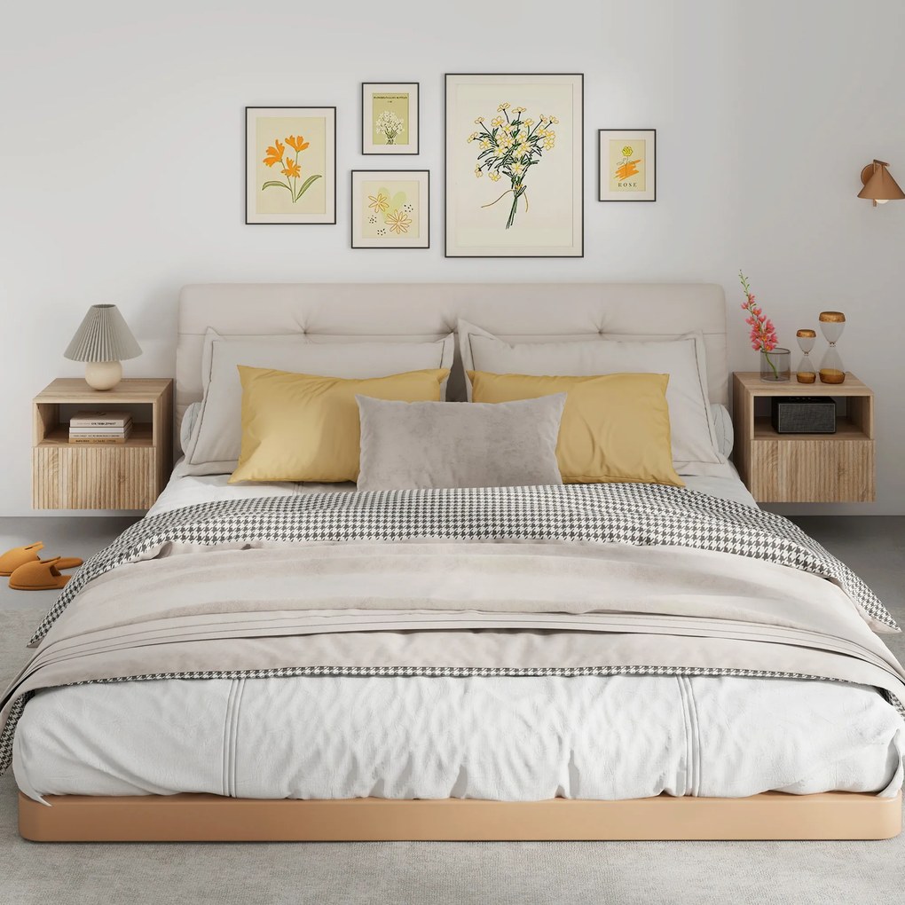 HOMCOM stolik nocny, bezuchwytowy design, otwarta półka, szuflada, montaż ścienny, jasnobrązowy