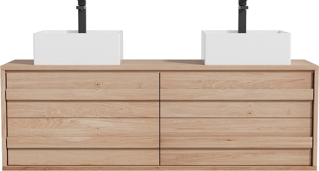 Szafka łazienkowa podwieszana  z litego drewna dębowego z kwadratową umywalką nablatową i kranem - Jasny naturalny - 150 cm - SARLO