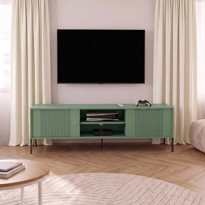 Szafka RTV do Salonu SOFT 154 cm Zielona Ryflowana Japandi