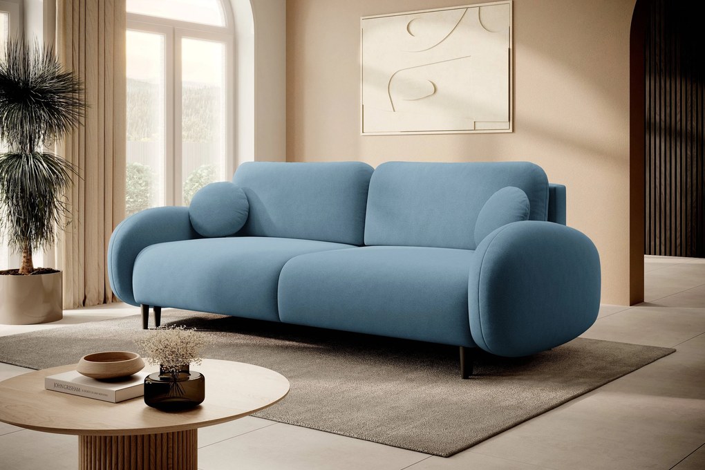 Masseno Sofa AGIO z funkcją spania i pojemnikiem na pościel, Rozkładana sofa - Niebieski, CASTEL 74
