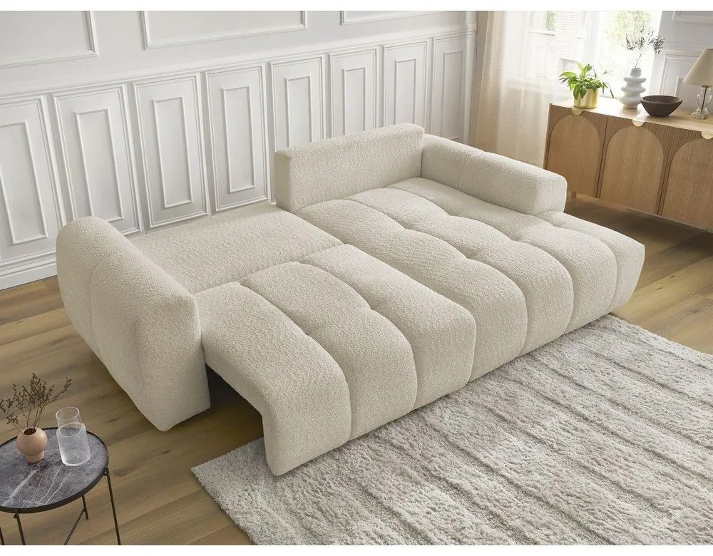 Beżowy rozkładany/ze schowkiem narożnik z materiału bouclé (prawostronny/z szezlongiem) Roxelane – Bobochic Paris