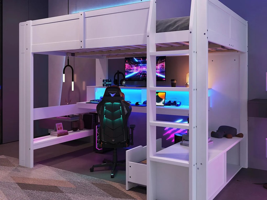 Łóżko piętrowe 140×200 cm - z biurkiem - z oświetleniem LED - z 1 szufladą - z półką - białe (bez materaca)