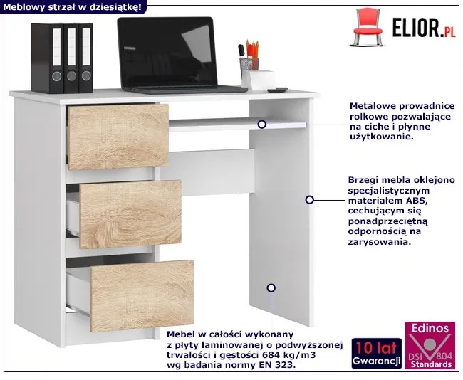 Minimalistyczne biurko do nauki białe + dąb sonoma R2-A49