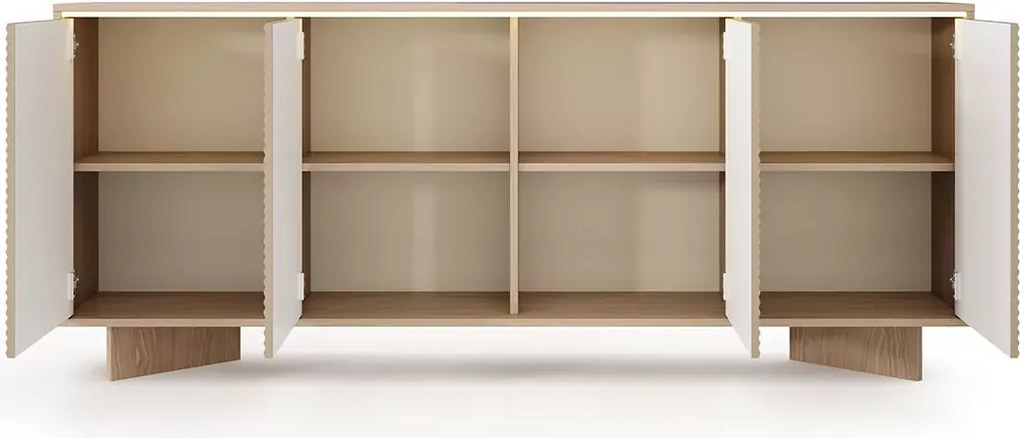 Komoda Parsja 4D 200 cm LED – duża komoda do salonu, ryflowane fronty, bolivar naturalny / cappuccino, push-to-open