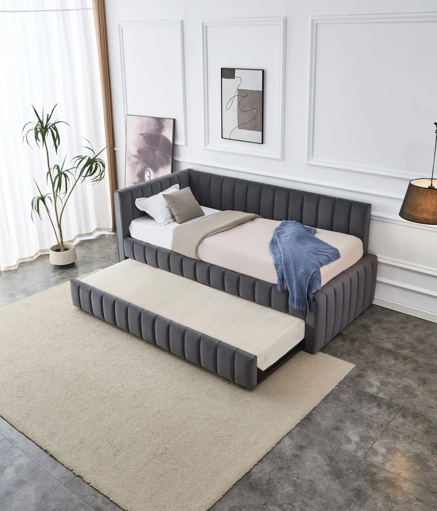 Łóżko 90x200 z drugim wysuwanym miejscem do spania szary welur DERBY
