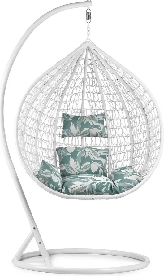 Białe wiszące krzesło KOKON ze stelażem, zielono-biała poduszka