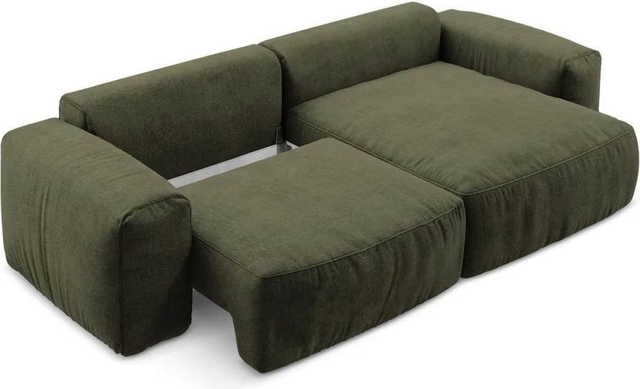 Zielony rozkładany narożnik z tkaniny szenilowej (prawostronny/z szezlongiem) Kuki – Makamii