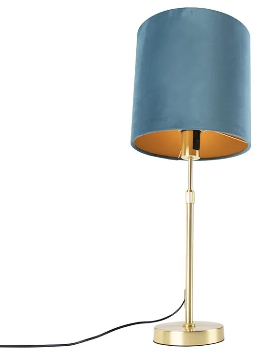 Lampa stołowa złota/mosiężna z niebieskim aksamitnym kloszem 25 cm - ParteWiejski/ Rustykalny / Vintage Oswietlenie wewnetrzne