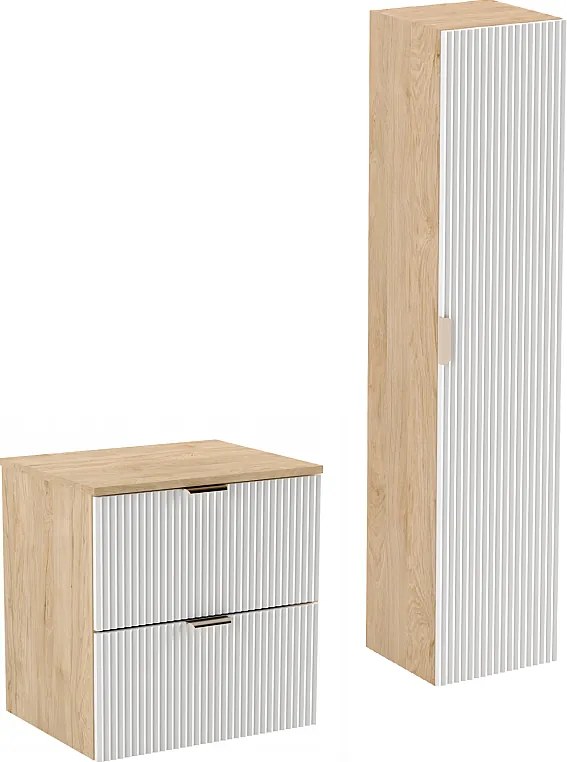 Zestaw Łazienkowy 60cm Szafka Blat Słupek Ryflowane Fronty Biały / Dąb Orzech