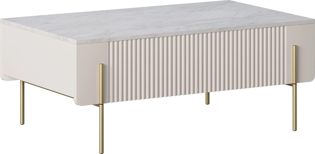 Stolik kawowy Malmi 100 cm z szufladami - kaszmir / crema bianca / złote nóżki
