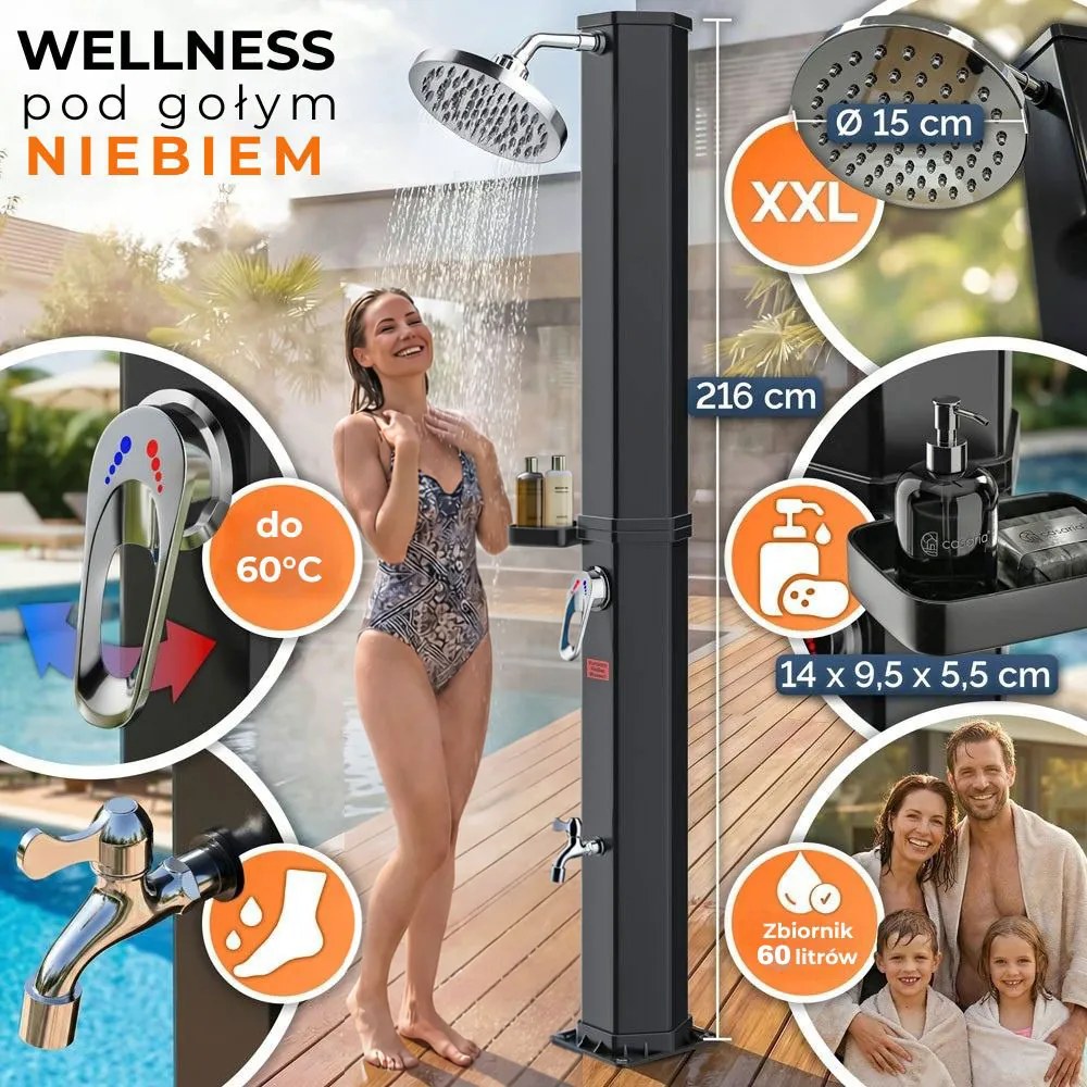 Prysznic solarny z pokrywą HAVANA, 60 l, czarny Casaria