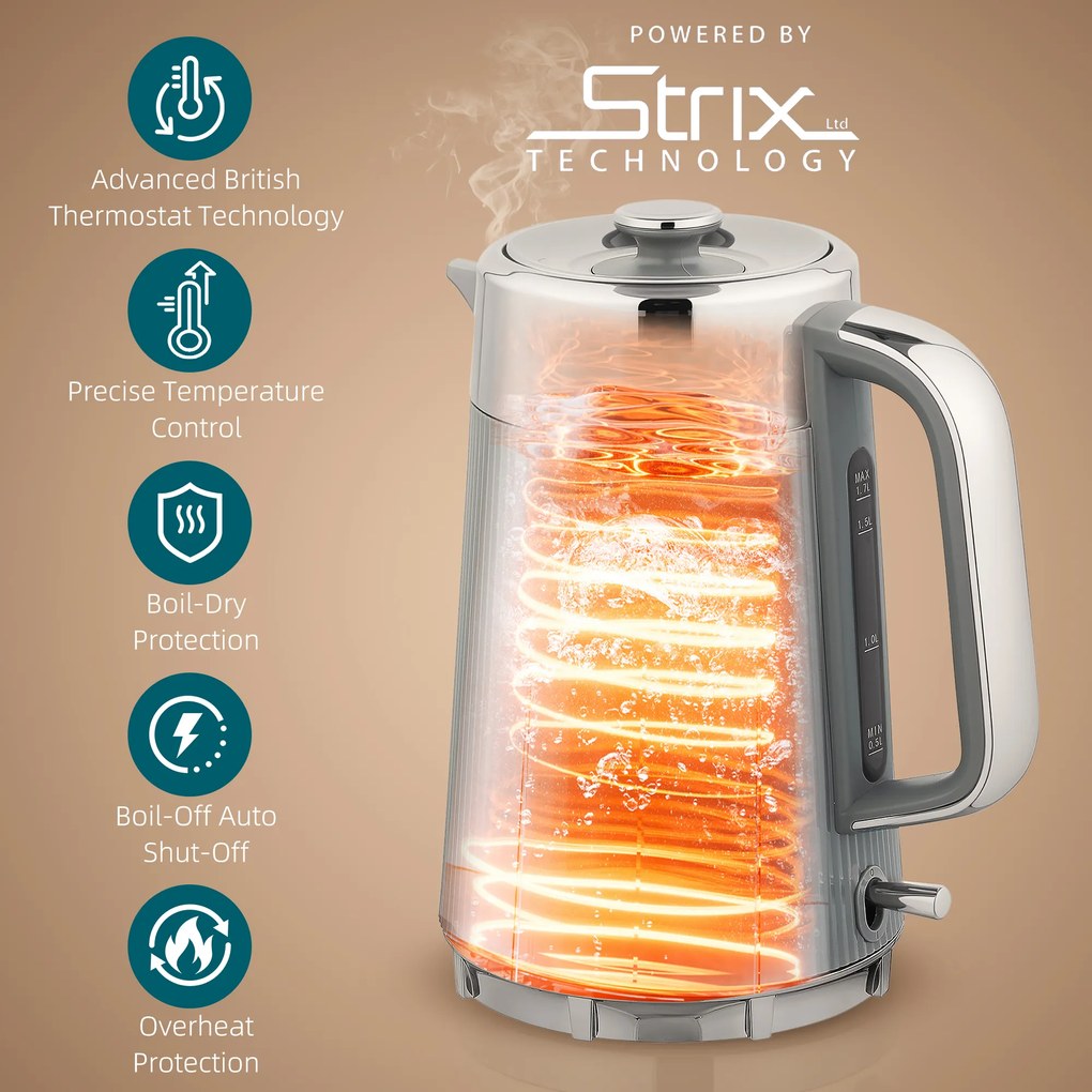 HOMCOM Czajnik 2200 W, 1,7 l z funkcją szybkiego gotowania, filtrem kamienia i tosterem na 4 kromki z 7 poziomami zarumienienia, szary | Aosom PL