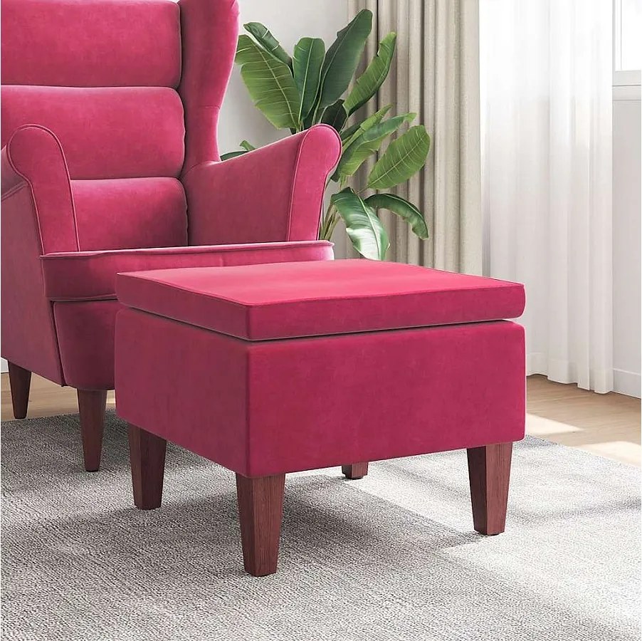 Bordowy Puf z Weluru z Drewnianymi Nogami - Wygodny i Stylowy