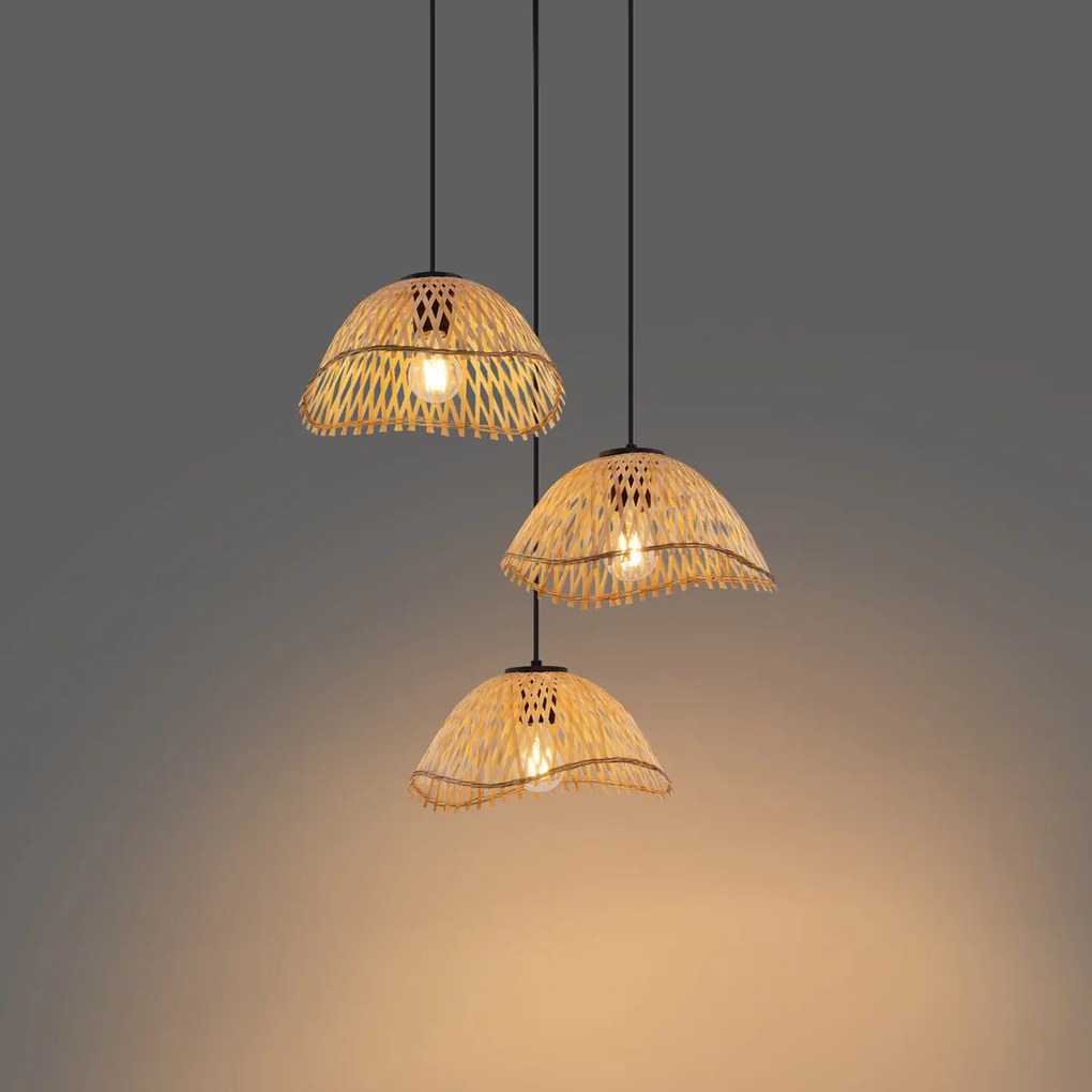 Boho lampa wisząca czarna z bambusem 3-punktowa - Lily