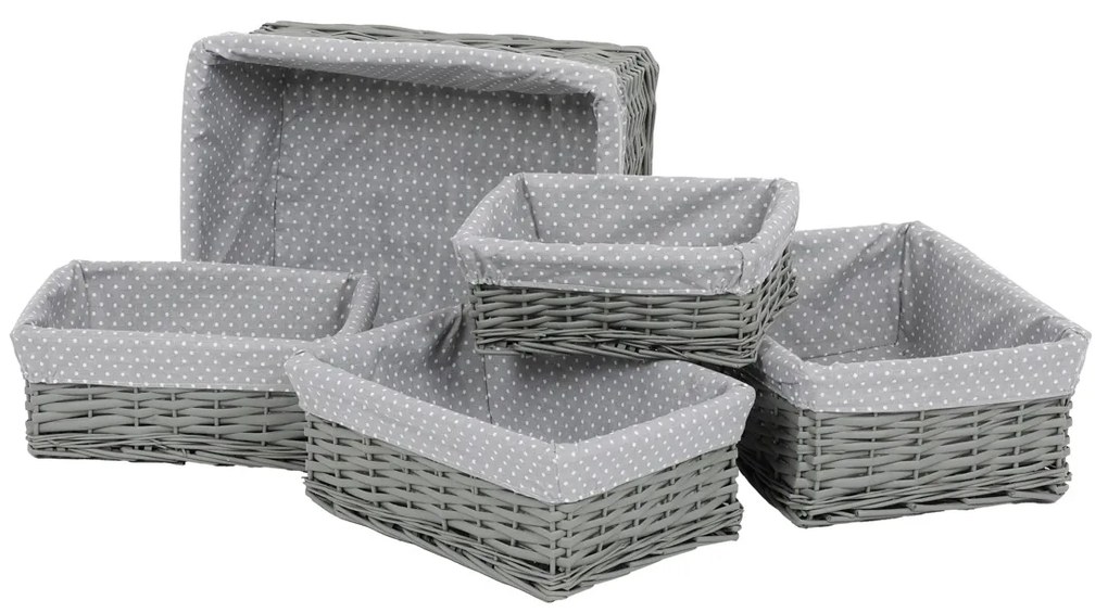 Zestaw koszyków wiklinowych z tkaniną Szara kropka, 5 szt., 5 rozmiarów, 48 x 18 x 37 cm