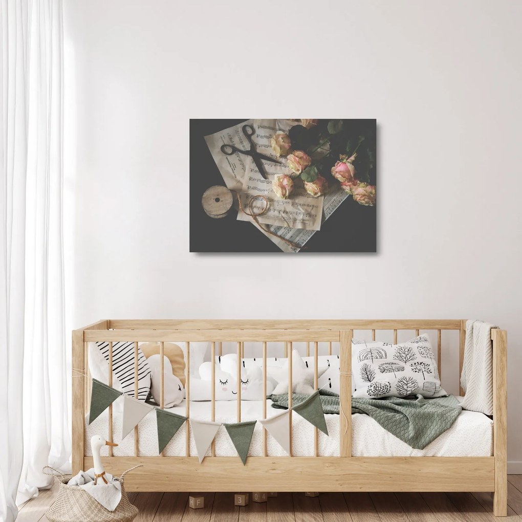 Obraz na szkle - nuty i róże (70x50 cm)