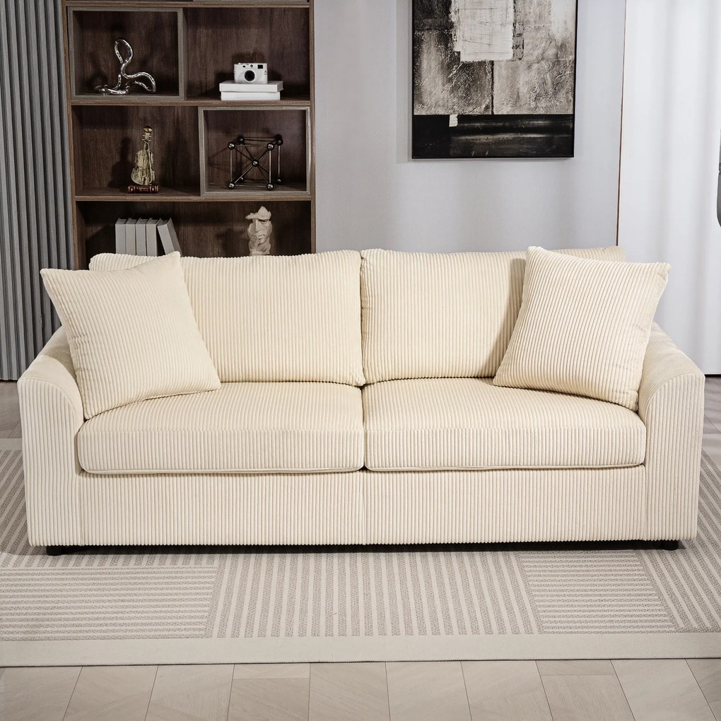 HOMCOM Sofa 3-osobowa z poduszkami dekoracyjnymi, Corduroy, do salonu, sypialni, szerokość 212 cm, Kremowa