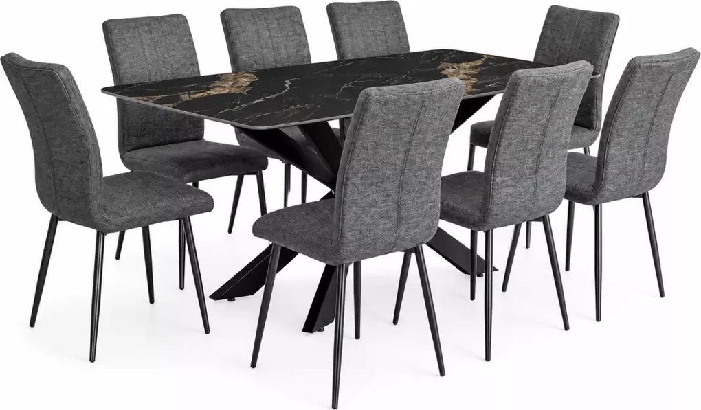 Luksusowy stół z nowoczesną czarną metalową podstawą i ceramicznym blatem imitacja granitu