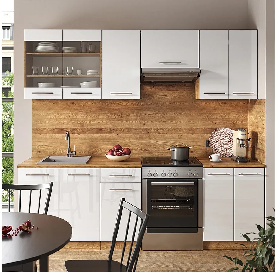 Aneks kuchenny biały wysoki połysk/złoty dąb power 240x60x81.6 fame-line