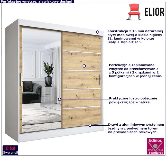 Szafa na ubrania przesuwna 180 cm biel + dąb artisan - Ebia 5X