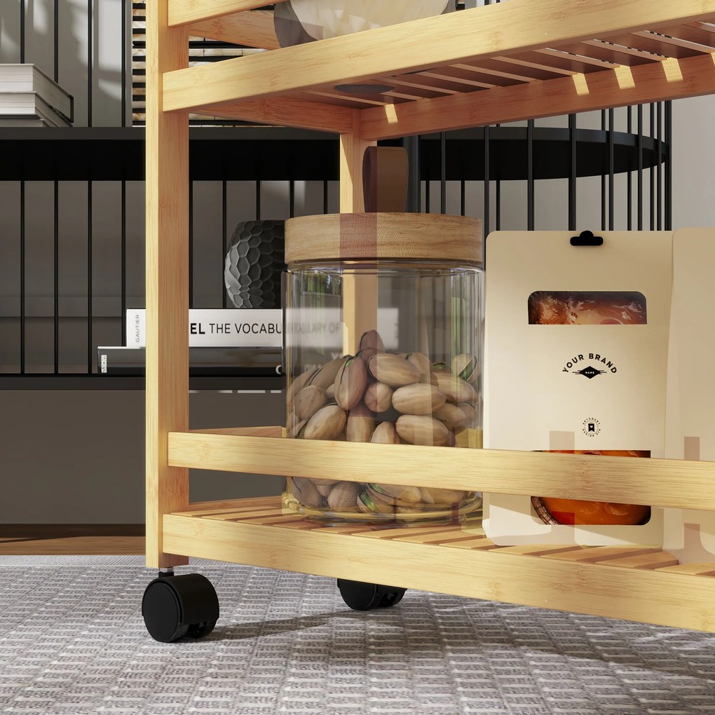 HOMCOM Wózek Serwisowy, 3 Poziomy, Półki Listwowe, Zabezpieczenie przed Wypadaniem, Bambus, 55 x 20 x 75 cm