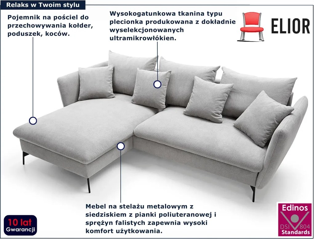 Jasnoszara kanapa narożna z pojemnikiem D9-L59
