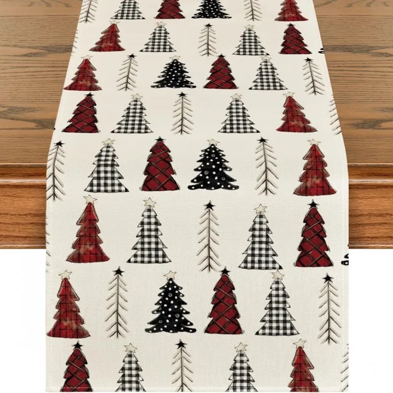 Lniany świąteczny bieżnik MERRY TREES 33x180 cm, kremowy