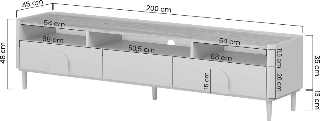Szafka RTV Amilio 200 cm z szufladami na nóżkach - eukaliptus / dąb baltic dune / uchwyty dąb naturalny