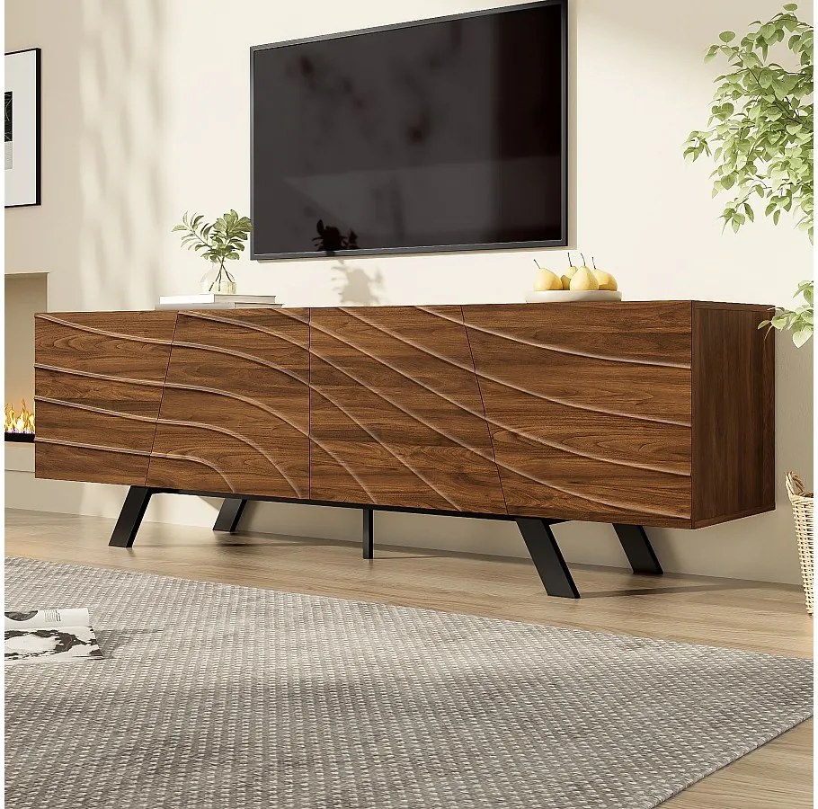 Stolik pod TV z falistym frontem - wykończenie orzechowe z żelaznymi nogami i 4 drzwiami - 160 x 39 x 50,5 cm - MDF - brązowy