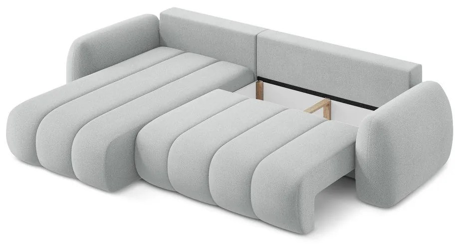 Jasnoszary rozkładany narożnik z materiału bouclé ze schowkiem (lewostronny/z szezlongiem) Pele – Makamii
