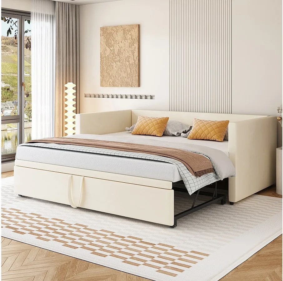 Rozkładana sofa dziecięca - 90/180 x 200 cm - z podstawą z listew - aksamitna - beżowa