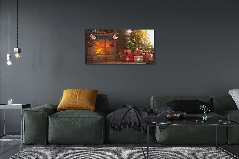 Obraz drukowany na płótnie Świąteczny Kominek z Choinką i Prezentami