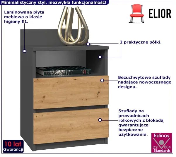 Nowoczesna Szafka Nocna Z Szufladami Antracyt + Dąb Artisan Erosa 6X