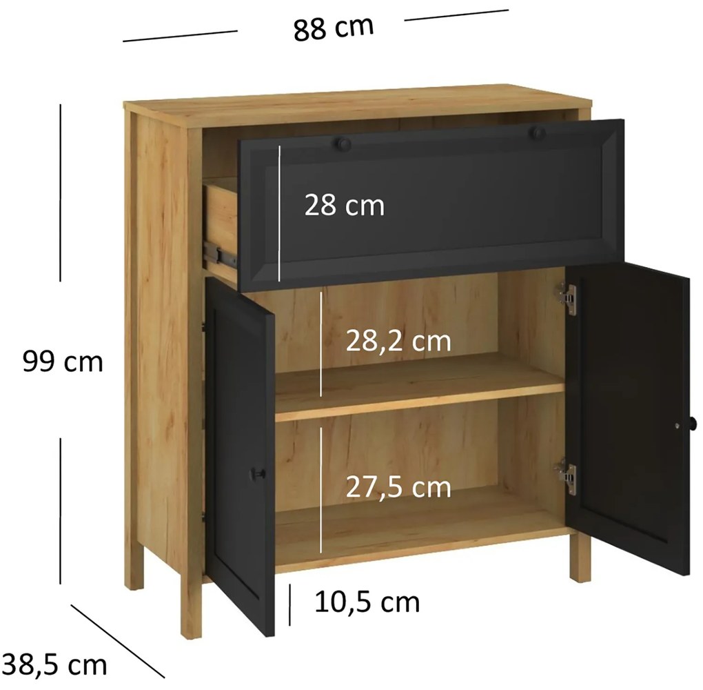 Komoda Dwudrzwiowa z Szufladą Drewniana do Salonu NORIA 88 cm Dąb craft złoty/czarny Loft